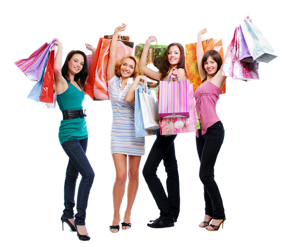 Happy group of girls holding shopping bags in the air