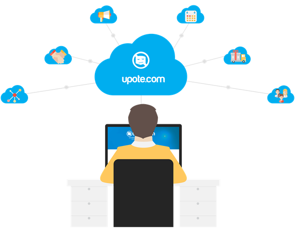 Illustration of man on computer browsing upote and upote products visualized in clouds